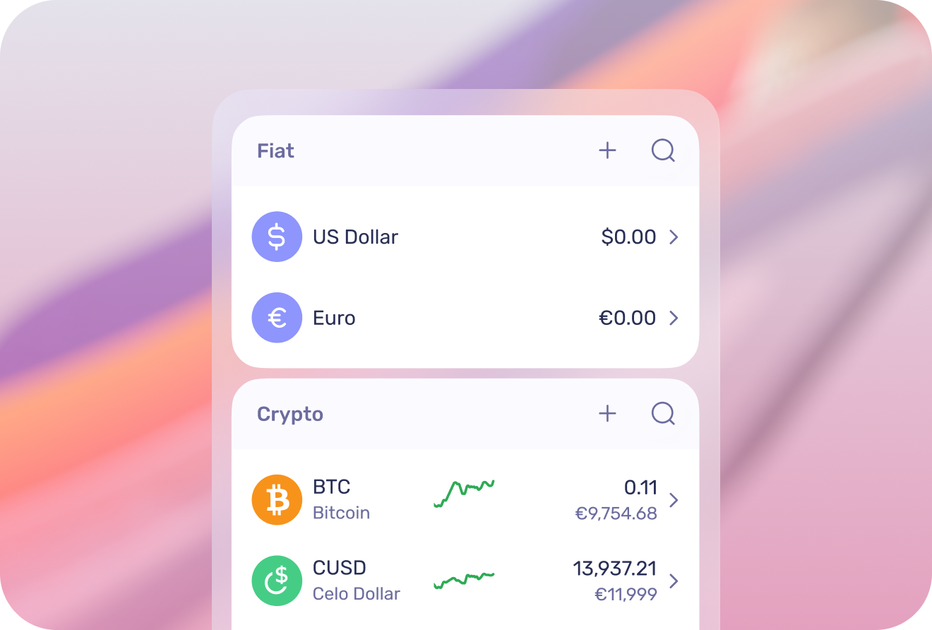 BitBeon app screen showing fiat and crypto balances side by side