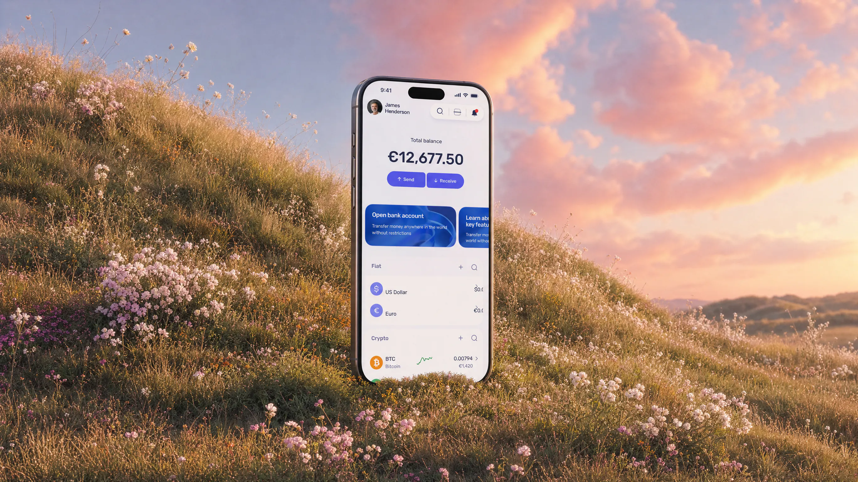 BitBeon app on a phone standing in a flower meadow